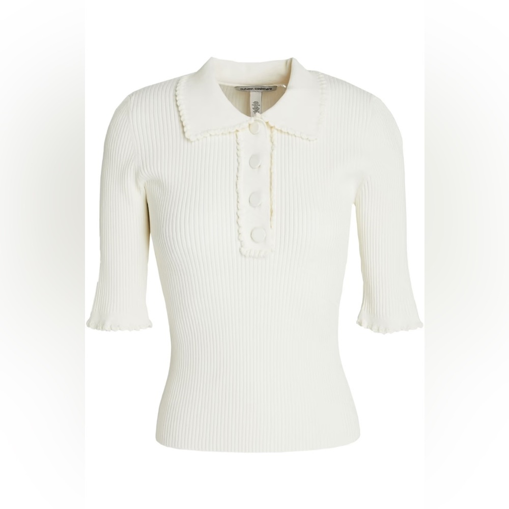 Autumn Cashmere scalloped ribbed-knit polo shirt